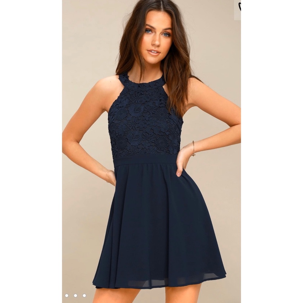 Lulu’s Lover's Game Navy Blue Lace Skater Dress S
